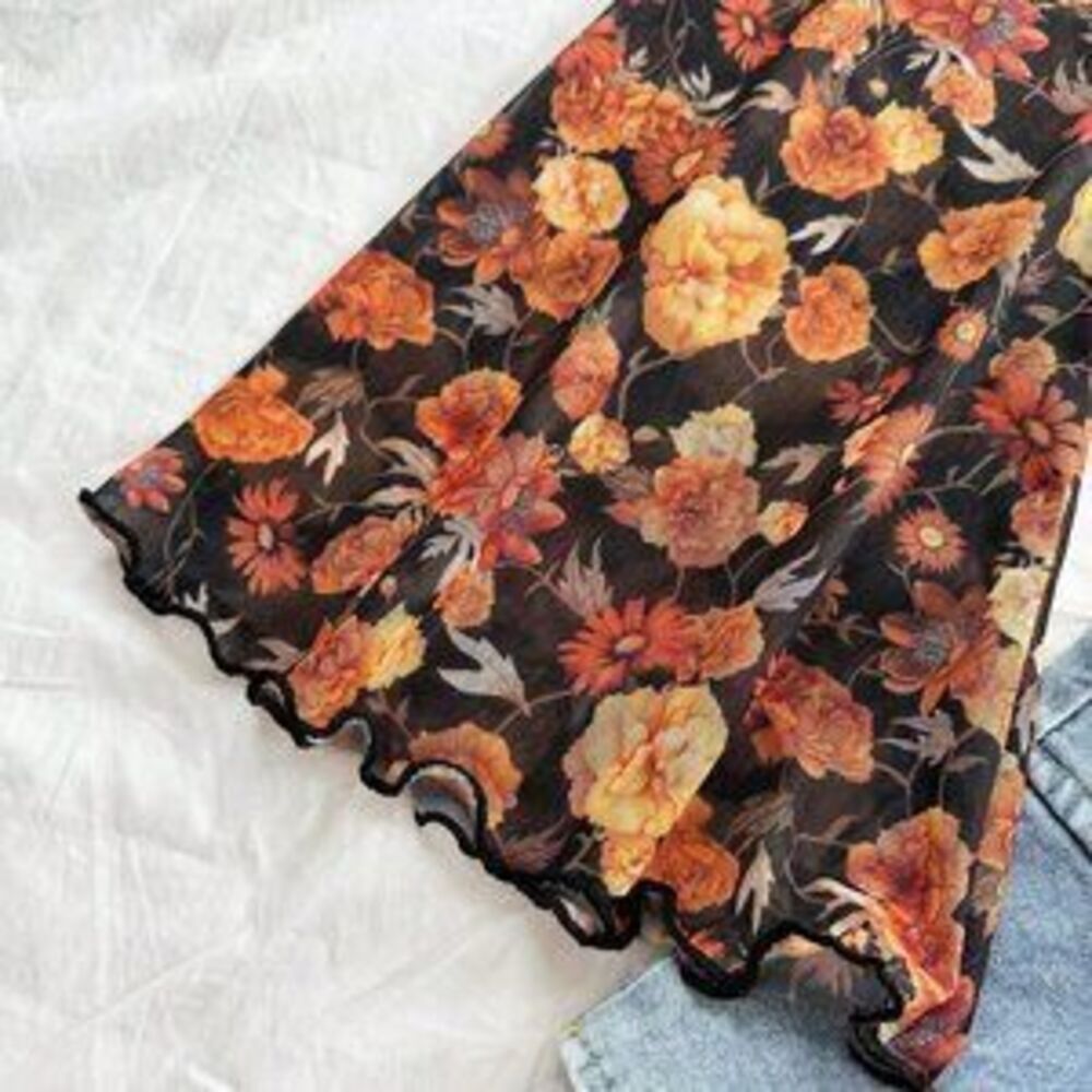 Multicolor Casual Women's Ditsy Floral Stand Collar Flare Sleeve mesh top - Picture 2 of 5